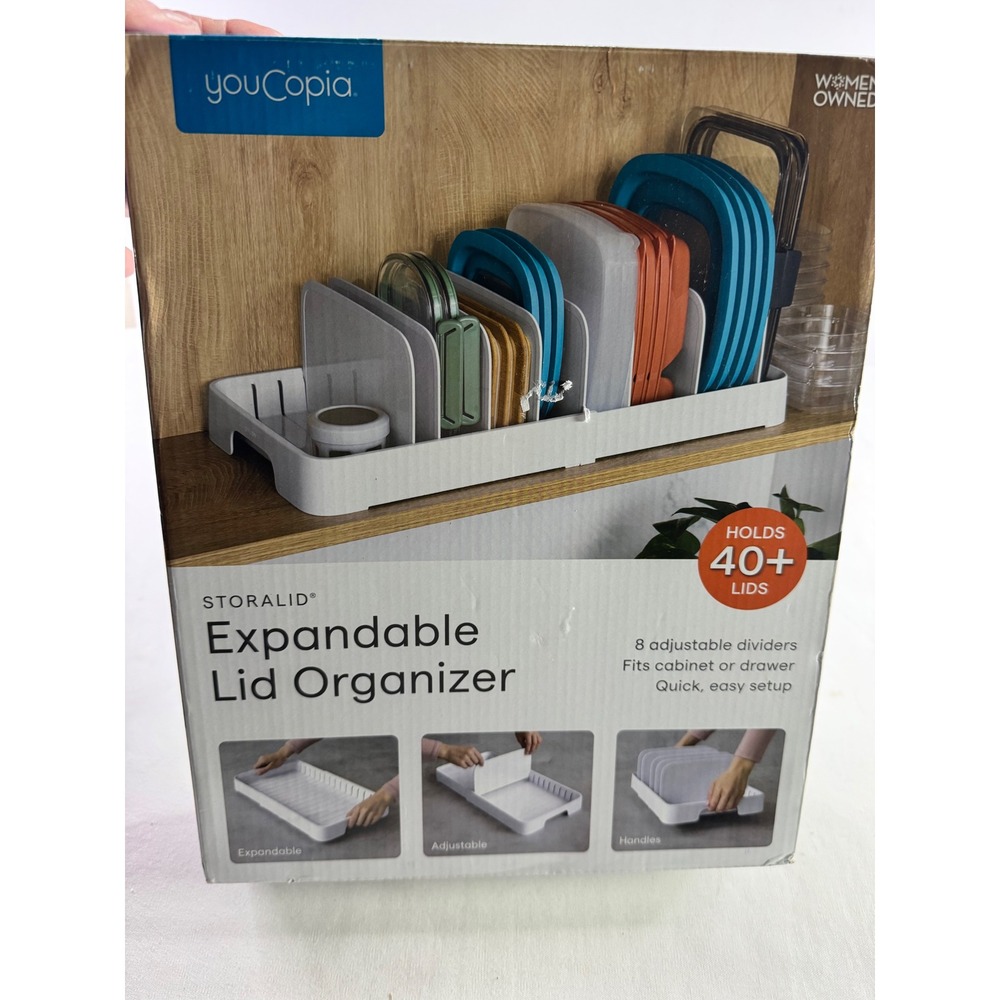 YouCopia StoraLid Expandable Lid Organizer White 8‎ Adjustable Dividers 40+ Lids